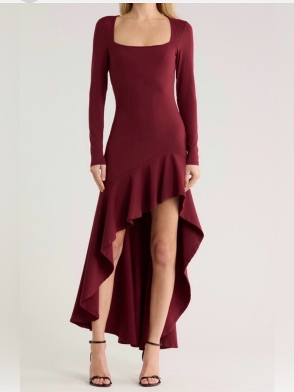 Susana Monaco $248 Wine High-Low Square Neck High-Low Ruffle Dress Burgundy Nwot